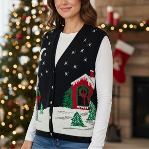 Vintage Southern Lady Black Sweater Vest size Medium Festive Christmas Winter